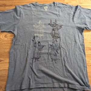 Uniqlo UT Hokusai Blue Graphic T-Shirt XL blue Vintage Japanese Art Slub Knit